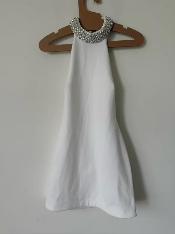 Retrofête NWT Penelope dress White Pearl-Trim Halter Mini Dress Size Small - Image 4