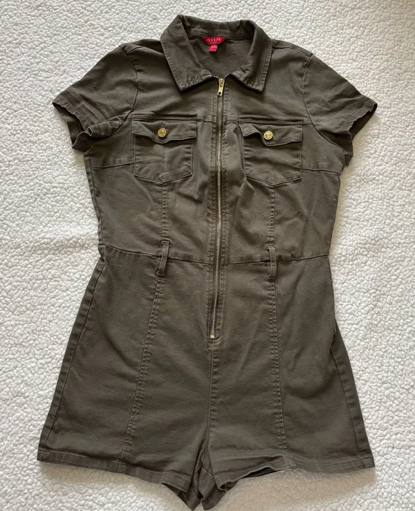 GUESS Olive Green Zip Up Utility Romper Short Sleeve Safari Gorpcore Cargo Large - Image 3
