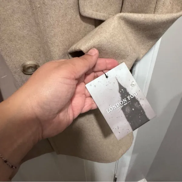 London Fog Beige Oatmeal Heather Wool Blend Peacoat w Plaid Scarf Size L NWT - Image 5
