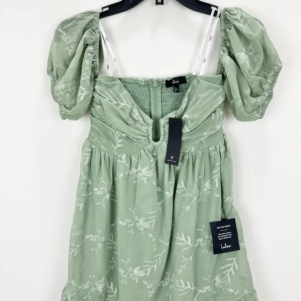 Lulus Cutest Icon Sage Green Embroidered Off-the-Shoulder Mini Dress Small NWT - Image 6