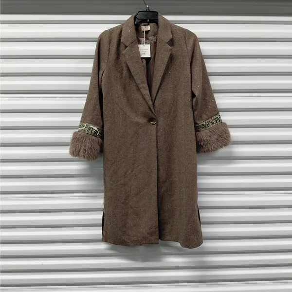 NKN Nekane Womens Wool Blend Coat Sz Small Brown Herringbone Faux Fur Old Money - Image 3