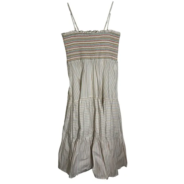 American Eagle‎ Striped Smocked Tiered Midi Dress Boho Cotton White Multi Sz XL - Image 4