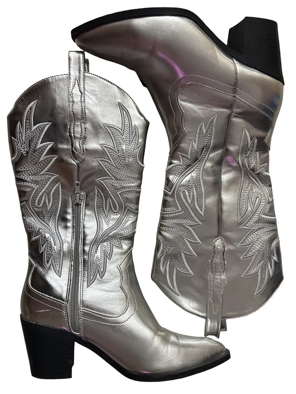 Altar'd State Metallic Silver Embroidered Western Boots - Image 3