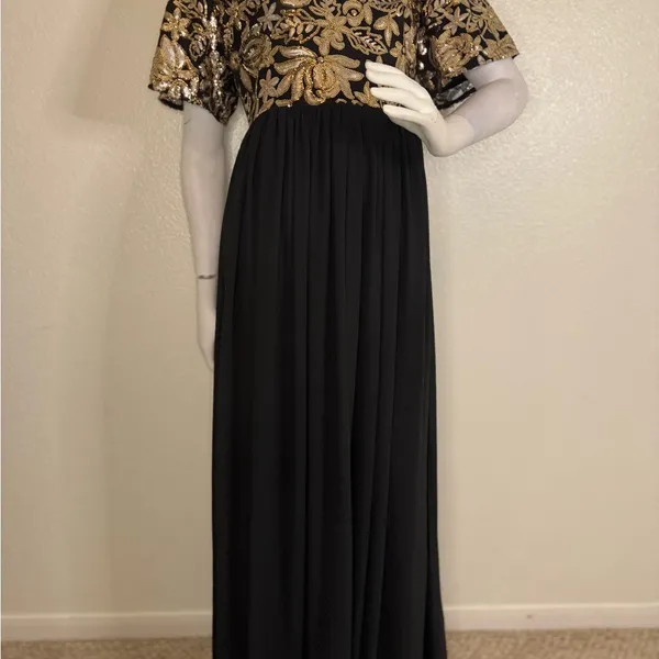 Stevie Hender Formal Line Maxi Formal Dress Black Color Gold Lace Size L. I#89 - Image 2