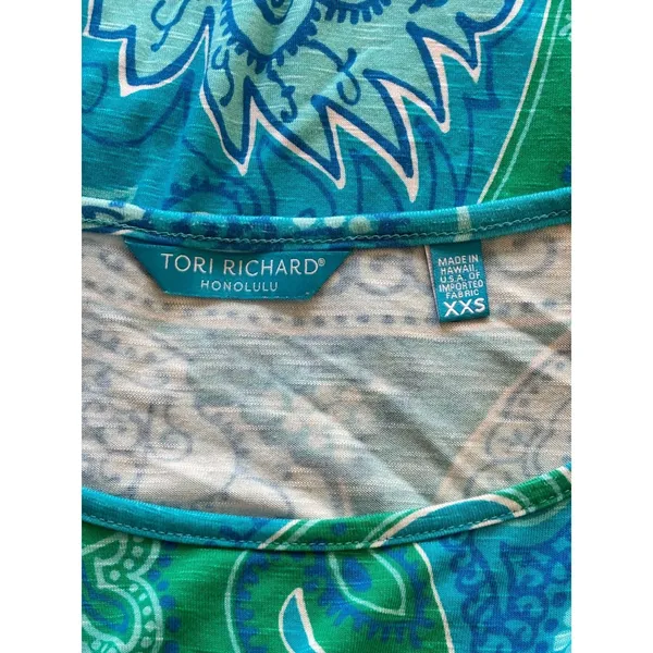 Tori Richard Honolulu XXS Blue Green Paisley Tunic Dress Bell Sleeve Stretch - Image 2