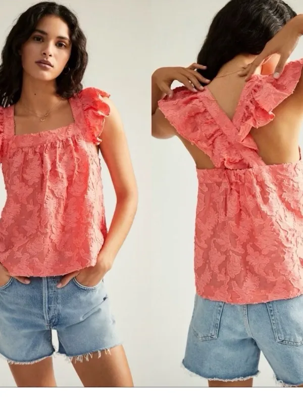 By Anthropologie Amber Tank Top Coral Ruffle Criss-Cross Straps Textured size S - Image 2