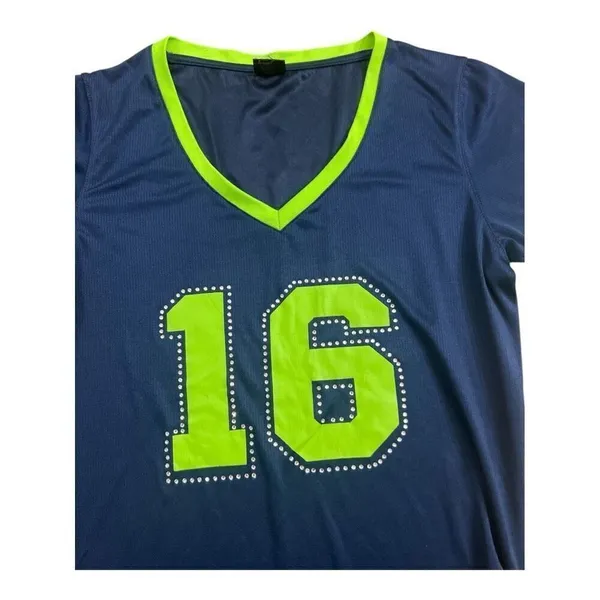 Seattle Seahawks 16 Maternity Blue T-Shirt Size L Rhinestone Short-Sleeve V-Neck - Image 2