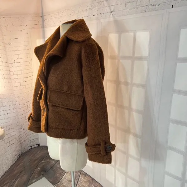 A New Day Brown Two Button Spread Collar Lined Furry Jacket Size Small - Image 4