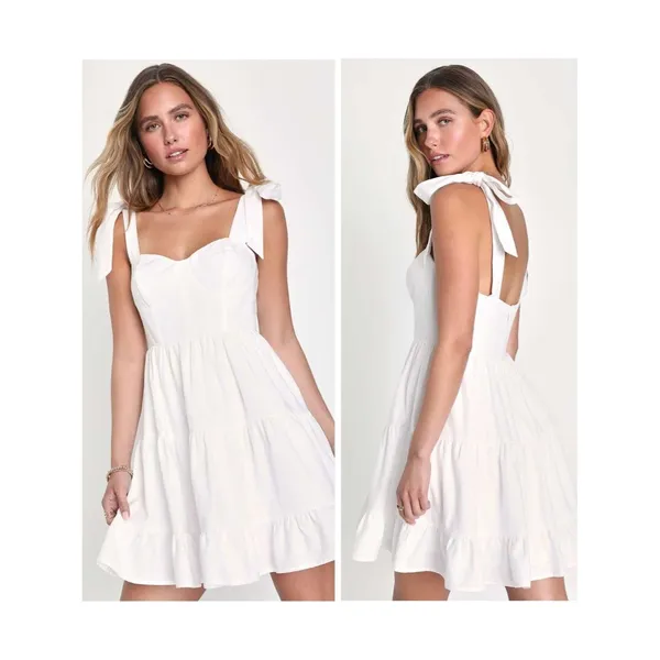 Lulus Tier-ly Delightful White Tie-Strap Tiered Bustier Mini Dress Size XS Bride - Image 2