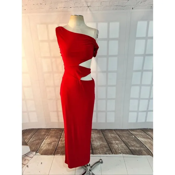 Windsor Red Own The Night One-Shoulder Cutout Knit Stretch Maxi Dress Sz Medium - Image 4