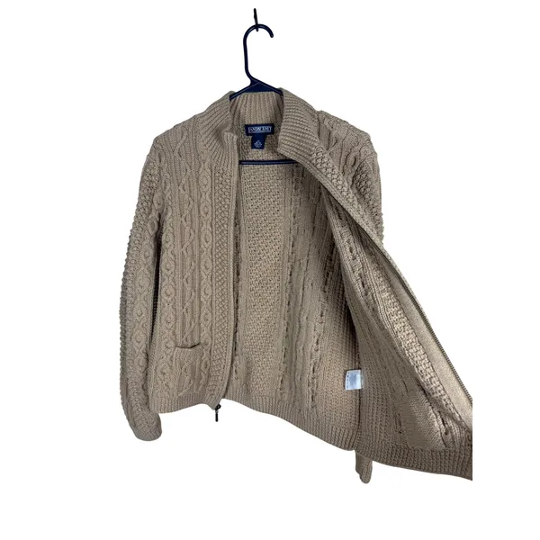 Lands End Womens M 10-12 Tan Cable Knit Cotton Full Zip Cardigan Sweater - Image 4