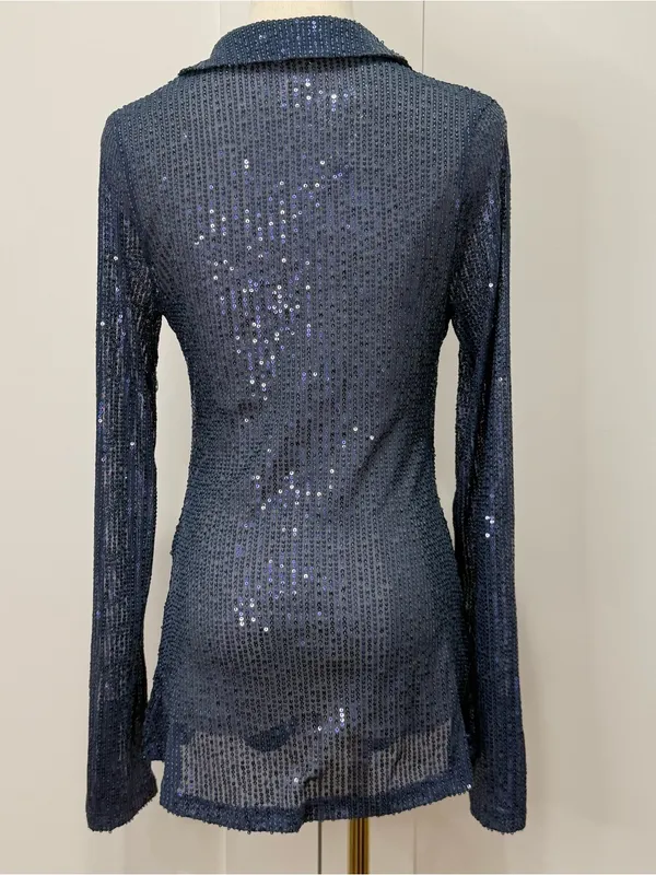 Free People Sequin Shirtee Small Varsity Navy Button Up Party Statement Holiday - Image 8