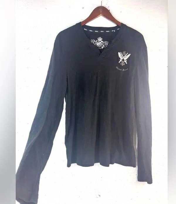 Guess L Black Long Sleeve Affliction Style Tee Top with Ornate Design - Image 6