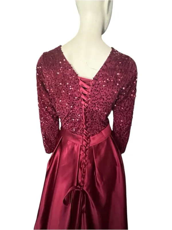 Flocked Velvet Sequin Bodice Pleated Satin Skirt Ball Gown Burgundy Size 16 NWOT - Image 5