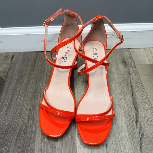 Rouge! Bright Orange Patent Strappy Ankle-Wrap Heels - Image 2