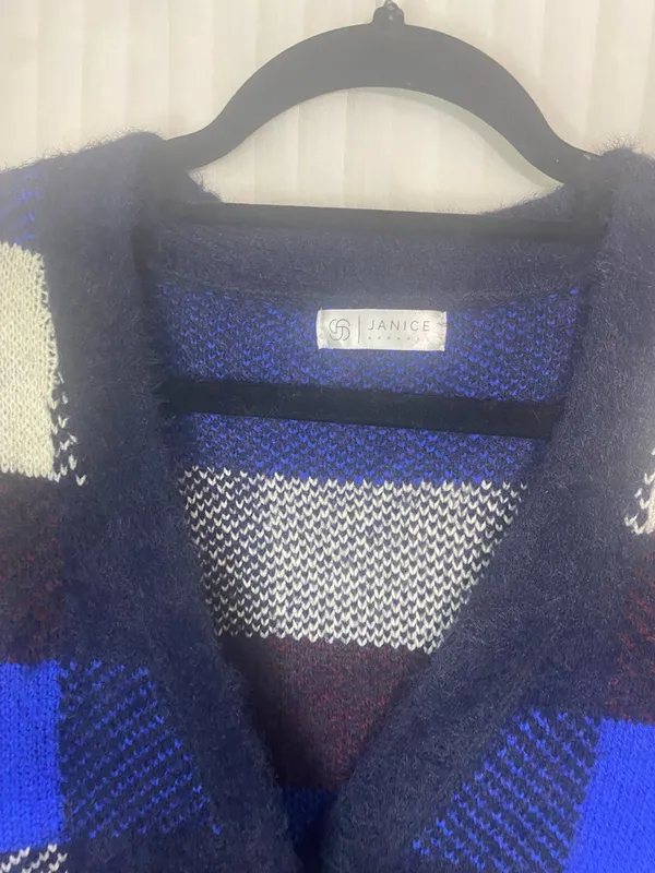 Janice Apparel Womens Cardigan Sweater Blue Plaid Button Front Fuzzy Knit XL XXL - Image 3
