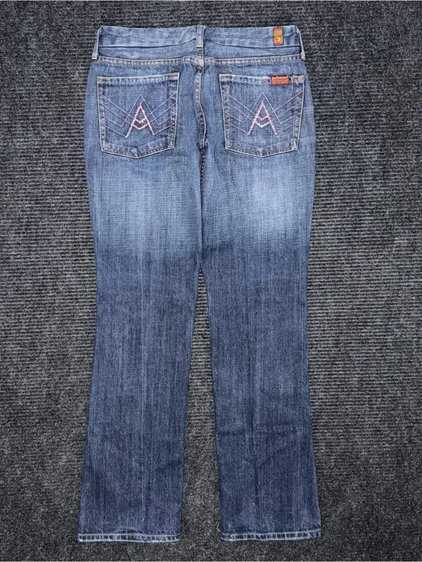 RARE VTG 7 For All Mankind Low Rise Pink Bling "A" Pocket Straight Jeans 28 USA - Image 3