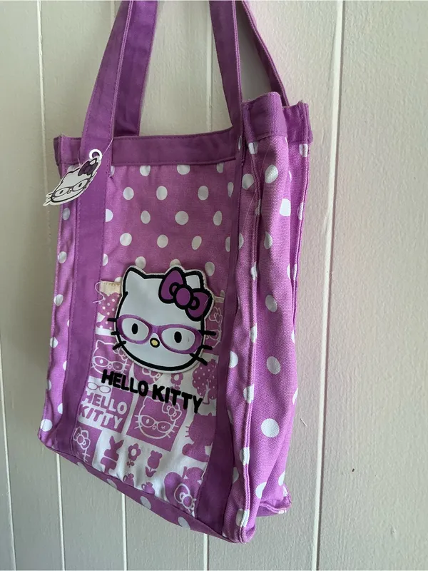 Rare Vintage Sanrio 2010 Hello Kitty Cotton purple nerd Large Tote Handbag Bag - Image 6