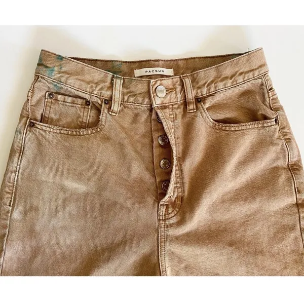 PacSun‎ High Rise Bootcut Jeans Tan Brown Teal Tie Dye Button Fly Womens 27 - Image 3