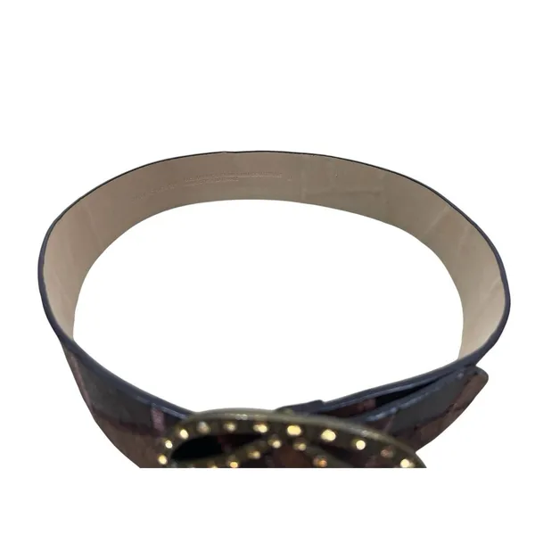 Y2K Chico’s Brown Patchwork Wide Belt M Rhinestone Geometric Buckle Boho Western - Image 7