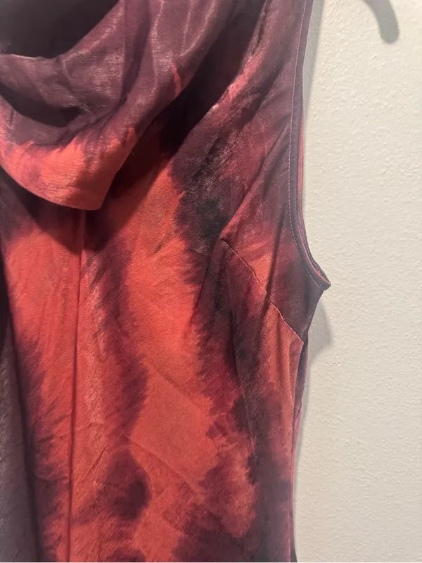 DKNY Sleeveless Tie-Neck Midi Dress in Burgundy and Coral Wash - Image 9