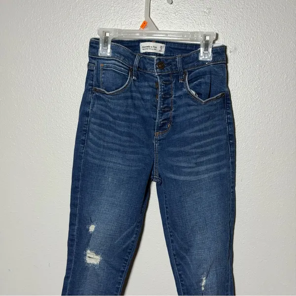 Abercrombie & Fitch Women High Super‎ Skinny Ankle Blue Distressed Jeans size 0S - Image 3