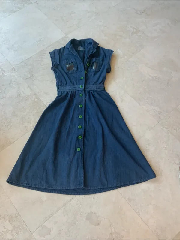 Vtg 70’s Navy Blue Button-Front Fit & Flare Denim Dress sz sm - Image 8
