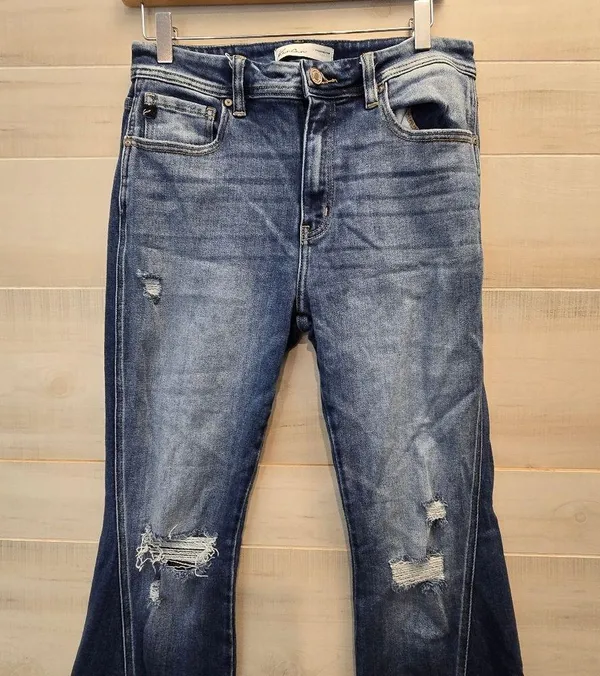 {29} KanCan Distressed Blue Jean Split Flare Hem Fringe Detail - Image 3