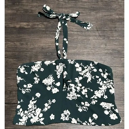 Abercrombie & Fitch Forest Green Floral Knot Front Tie Back Halter Crop Top XL‎ - Image 7