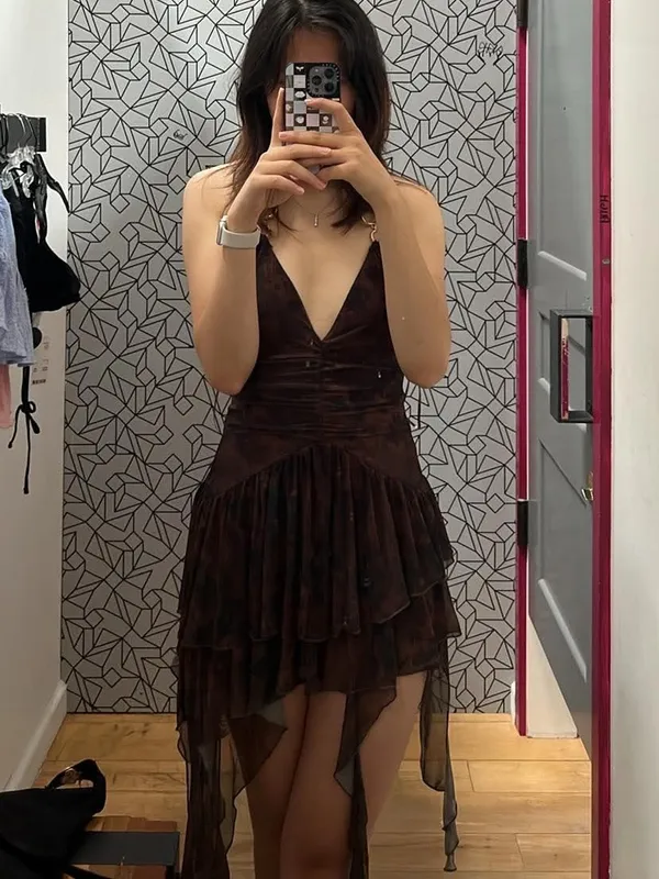 Urban Outfitters Brown Tiered V-Neck Mini Dress - Image 2