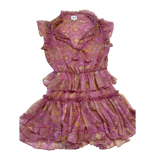 MISA Los Angeles Lilian Women's XS Pink Yellow Floral Ruffle Tiered V-Neck Mini - Image 9