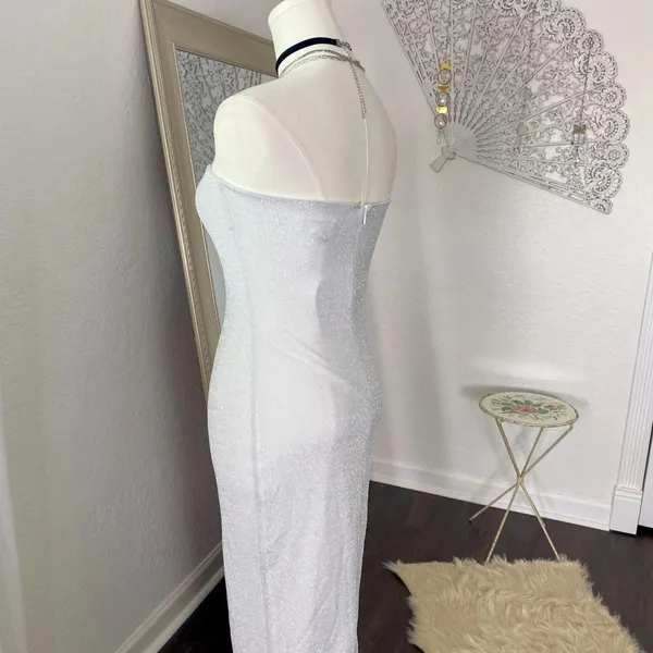 NWT Luvalot Silver Glitter Strapless Bandeau Tight Bodycon Midi Formal Dress S - Image 3