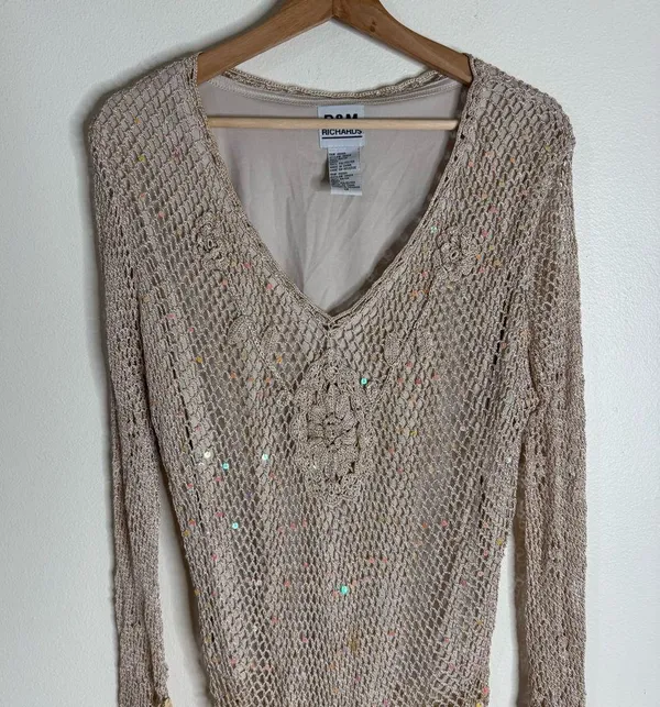 R & M Richards Y2K Beige Crochet Knit Fairycore Long Sleeve Top with Sequins Size L Festival - Image 5