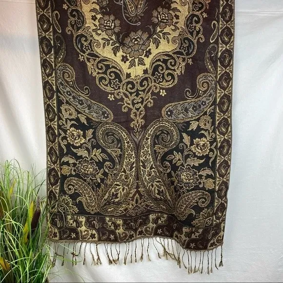 Pashmina Brown Tan & Black Brocade Print Rectangular Scarve - Image 2