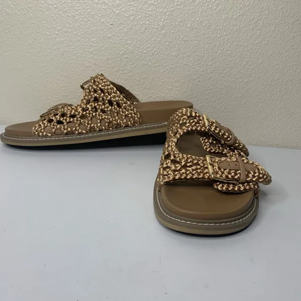 Joie Slide Sandals Woven Braided Crochet Tan Bronze Metallic Gold Buckle Sz 10 - Image 2