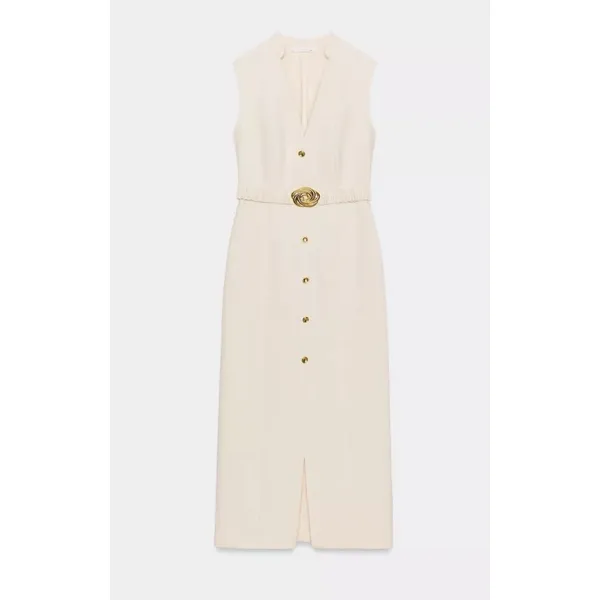 Zara Ecru Midi Dress Gold Buttons Sophisticated Minimalist Quiet Luxury Cream - Image 9