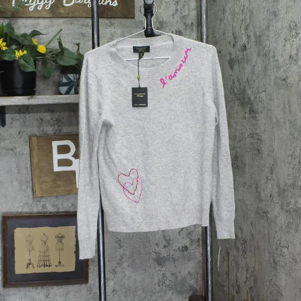 NWT Charter Club Women's Cashmere L'Amour Embroidered Crewneck Sweater Gray M - Image 5