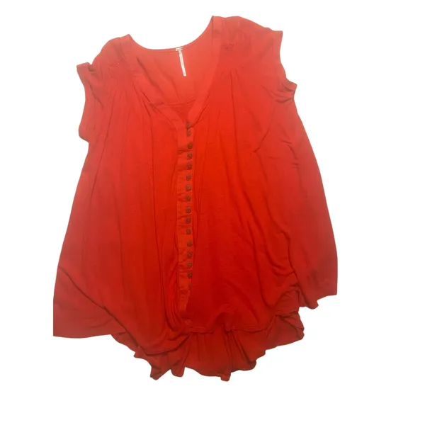 Free People‎ Orange Button Front Tunic Top Cap Sleeve Boho Smocked Back V-Neck - Image 11