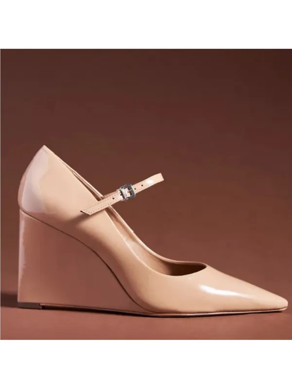 NEW MAEVE The Sibley Mary Jane Patent Leather Wedge Heels In Beige Size 39 - Image 2