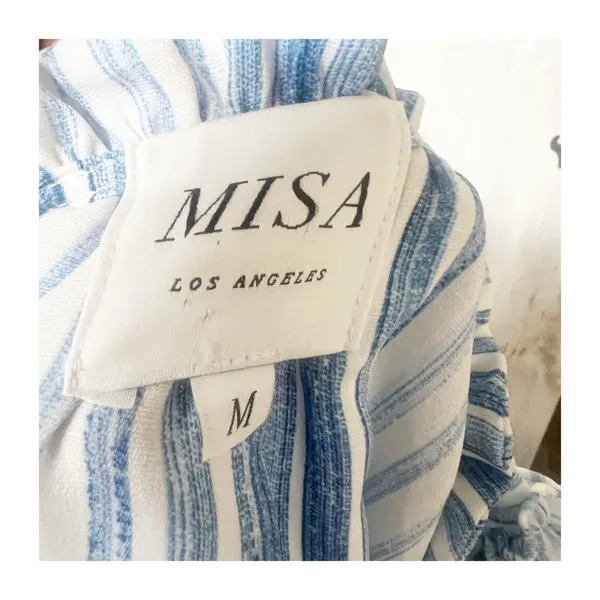 MISA Los Angeles Medium Aleja Stripe Print Linen Midi Dress White Blue Tassel - Image 9