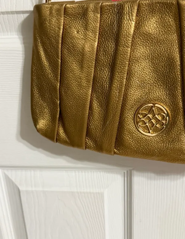 Antonio Melani Gold Metallic Genuine Leather Shoulder Bag Pleated Zip Purse - Image 8