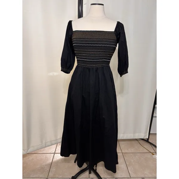 Old Navy Fit & Flare Maxi Dress Womens Small Black Cotton Smocked Off Shoulder - Image 13