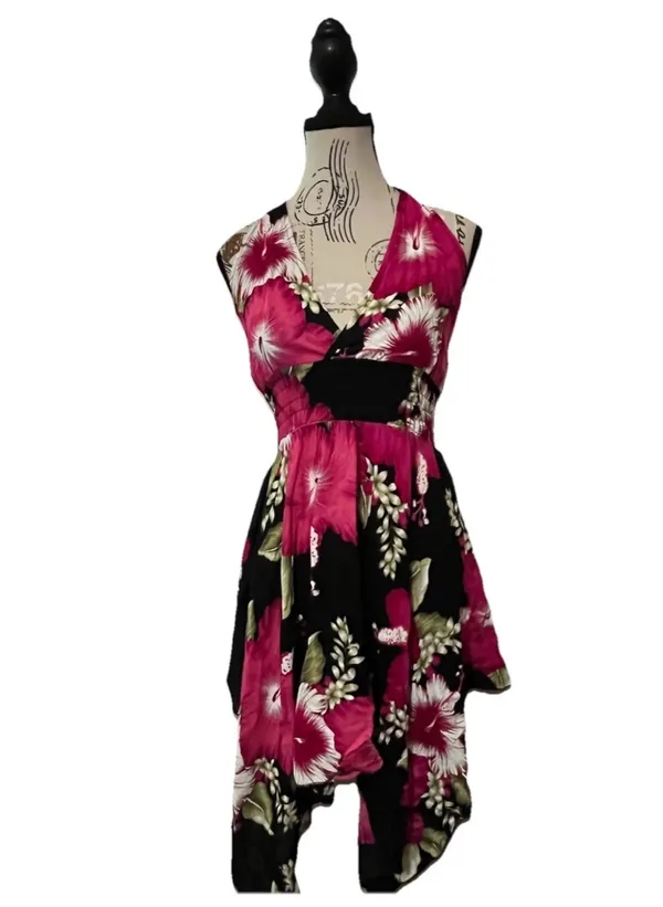 Advance Brand Y2K Hibiscus Tropical Floral Halter Dress Black Pink High Low Hem - Image 4
