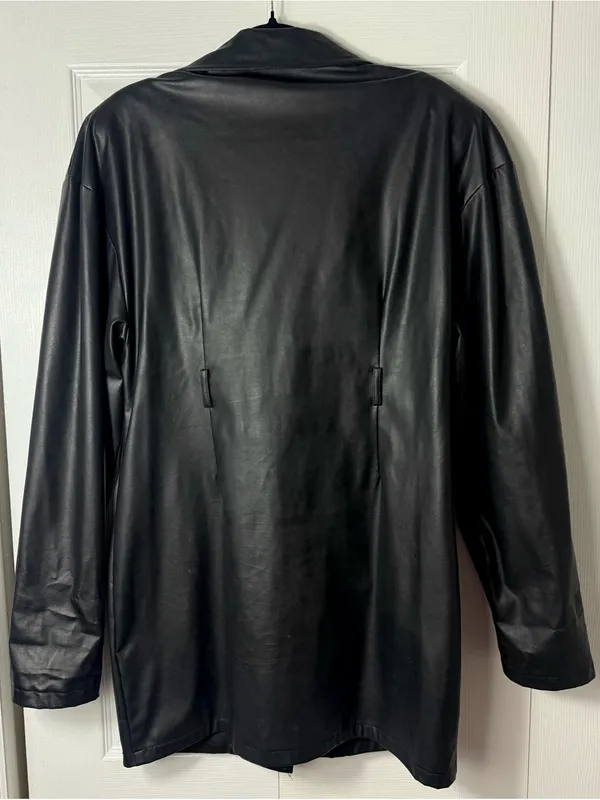 PrettyLittleThing Black Faux Leather Long Moto Jacket Padded Shoulders 12 Large - Image 6