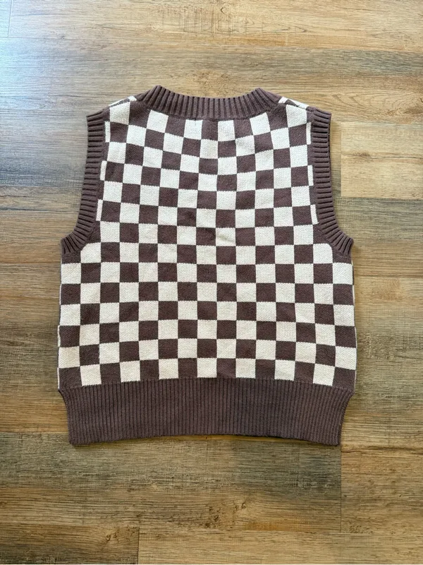 RebelFlow Brown & Cream Check V-Neck Sweater Vest - Image 2
