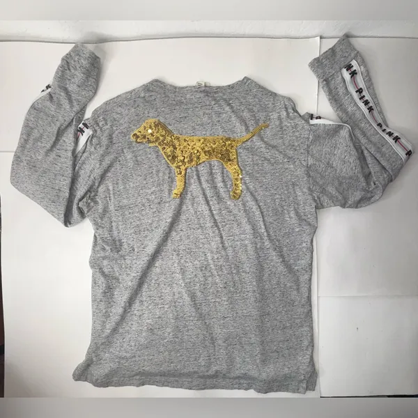 VICTORIAS SECRET PINK Shirt Rare Bling Big‎ Dog Campus Pocket Womens Size M Gray - Image 9