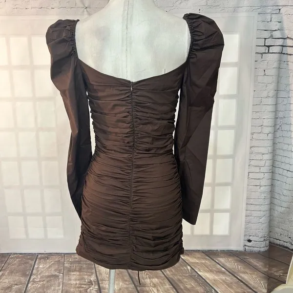 🔥5/$25 sale🔥 Zara Brown Long Sleeve Puff Sleeve ruched Body con Dress Size S - Image 9
