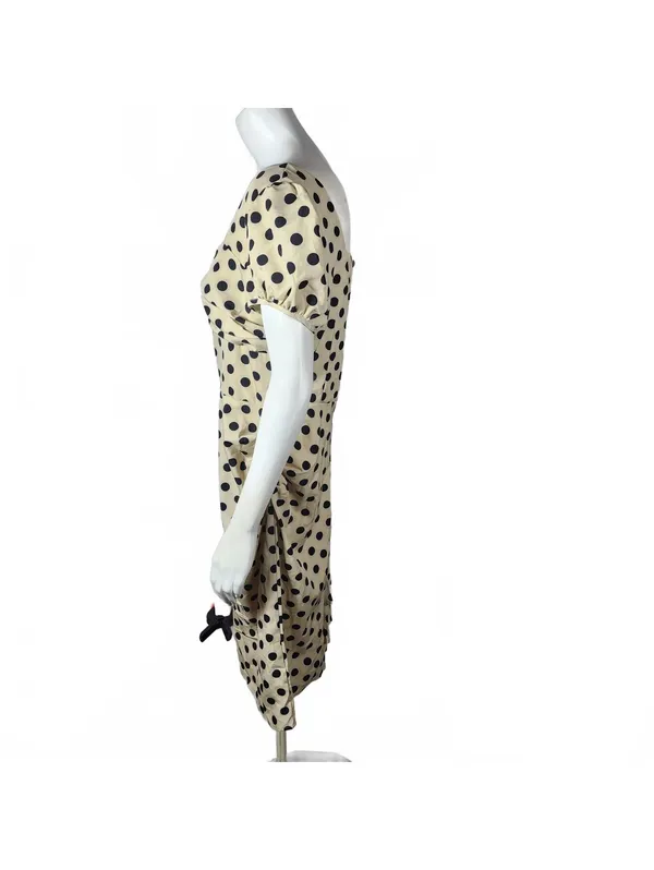 Retro Stage 60's Style Polka Dot Puff Sleeve Dress in Beige and Black, Size 2XL - Image 5