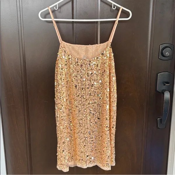 NWT Free People Midnight Kiss Sequined Mini Slip Dress Gold Medium Retail $98.00 - Image 11