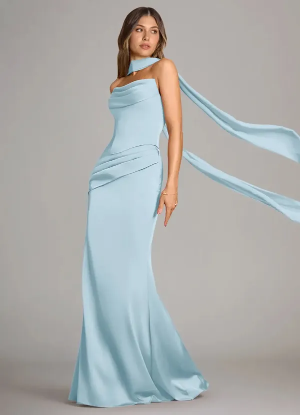 Azazie Sorrell Sky Blue Corset Maxi Gown with Draped Scarf - Image 5